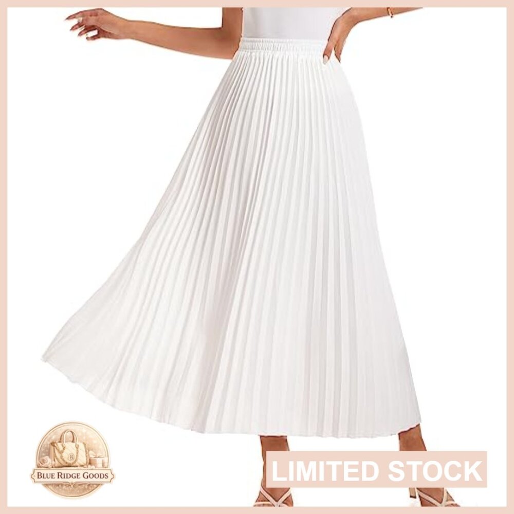 High Waist Elastic Pleated Maxi Skirt Boho Swing A-Line Flowy Elegant - Picture 2 of 7